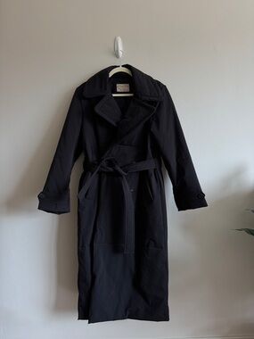 Free People Black Long Trench Coat with Tie Waist